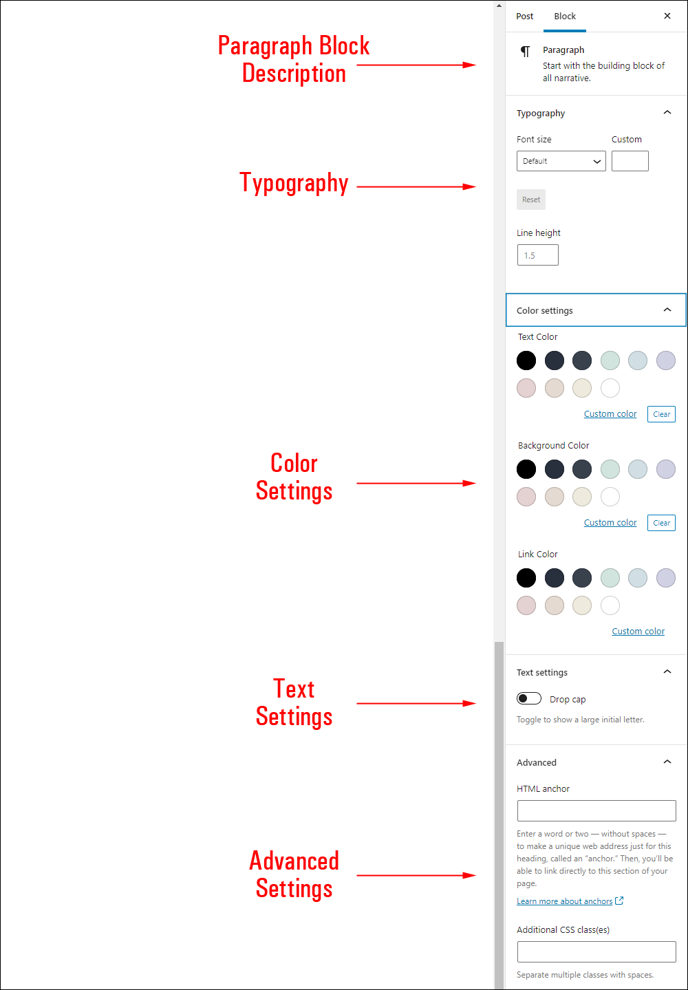 Paragraph block settings.