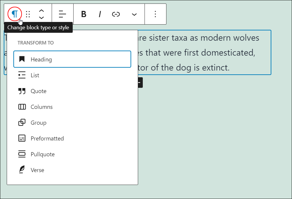 Paragraph block - Change block type or style.