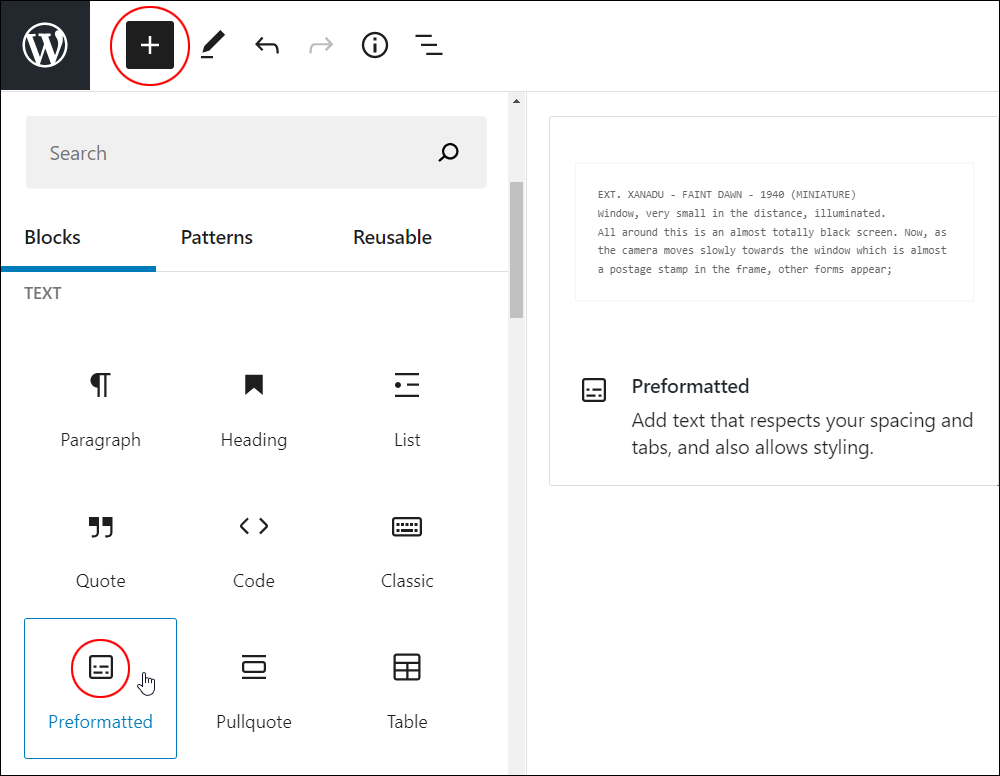 Add Block tool - Preformatted block.