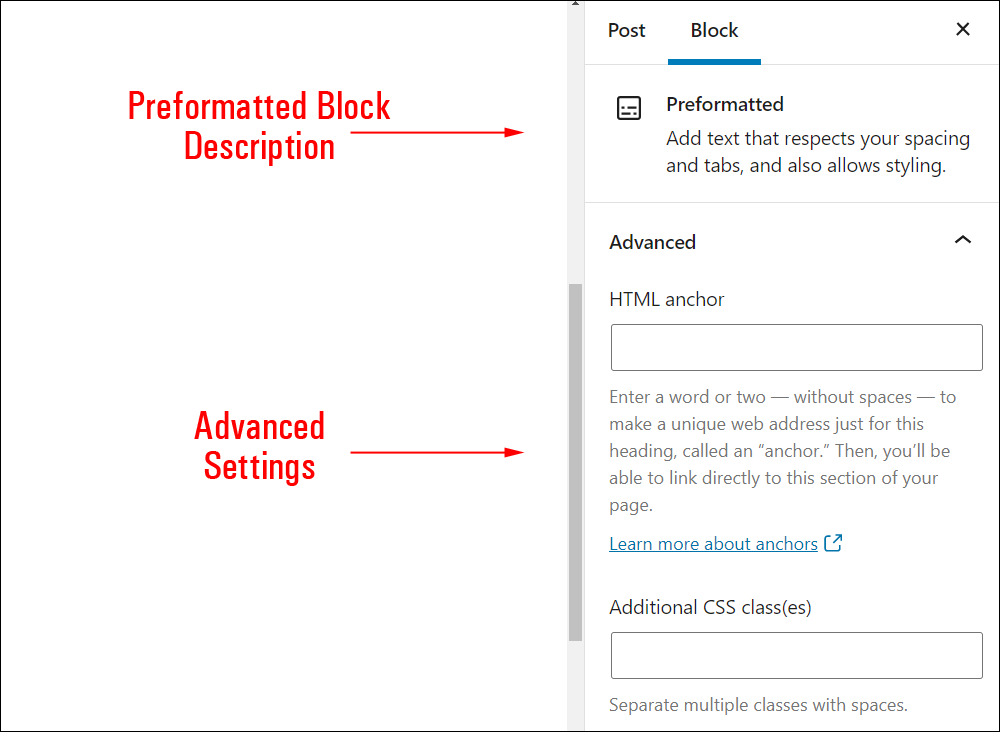 Preformatted block settings.