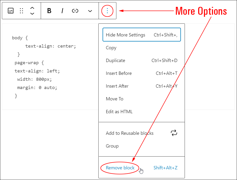 Preformatted block: More Options - Remove block.