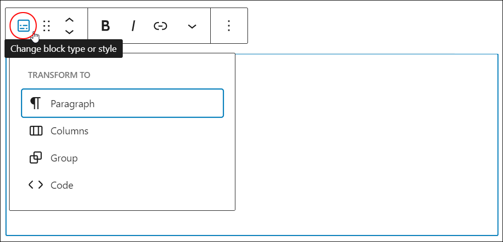 Preformatted block - Change block type or style.