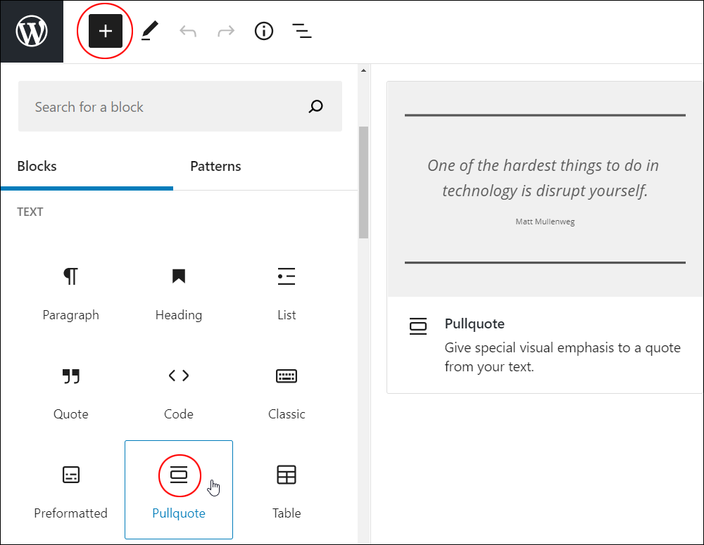 Add Block tool - Pullquote block.