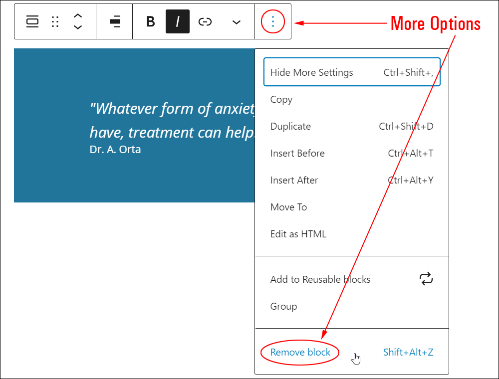 Pullquote block: More Options - Remove block.