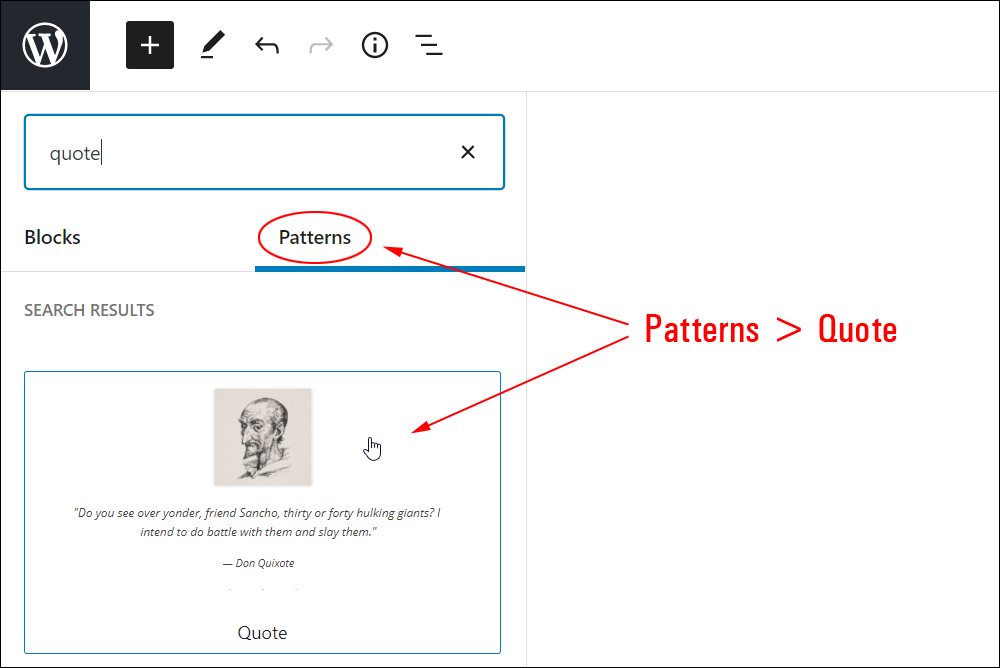 Add Block tool: Patterns tab - Quote