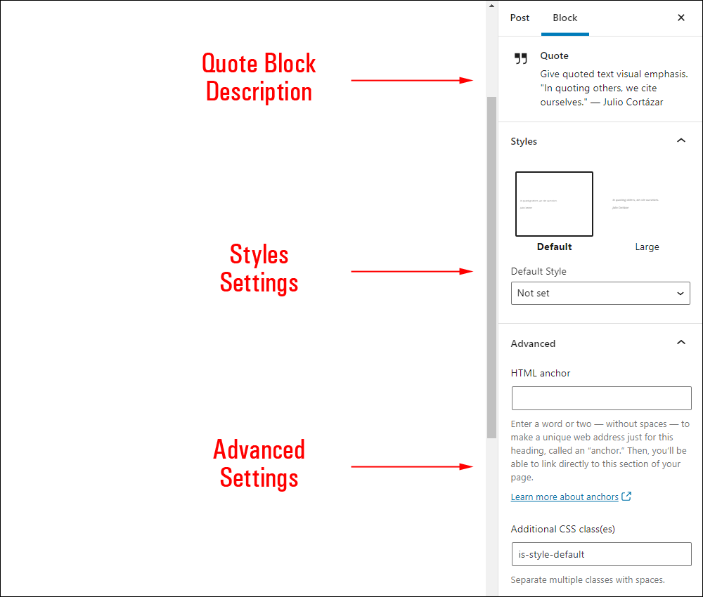 Quote block settings.