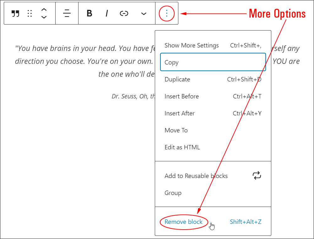 Quote block: More Options - Remove block.