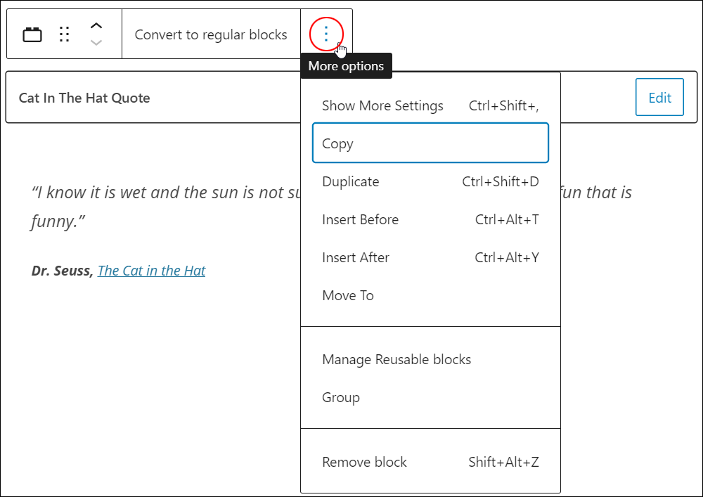 Reusable Block - More Options menu.