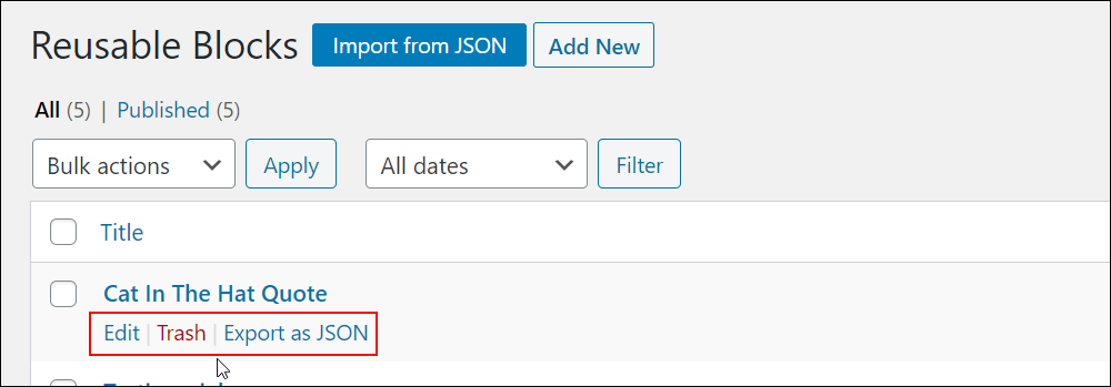 Reusable Blocks Library screen - Management options.