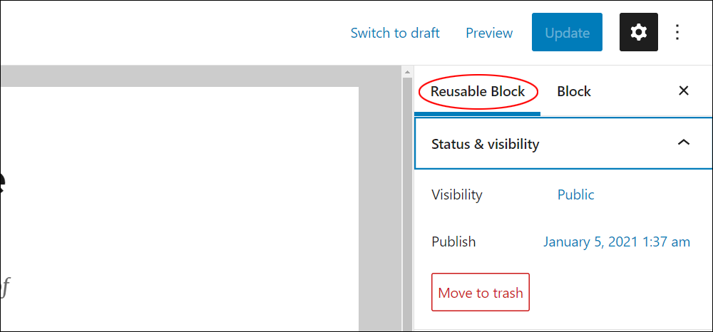 Reusable Block edit screen - Reusable Block settings.