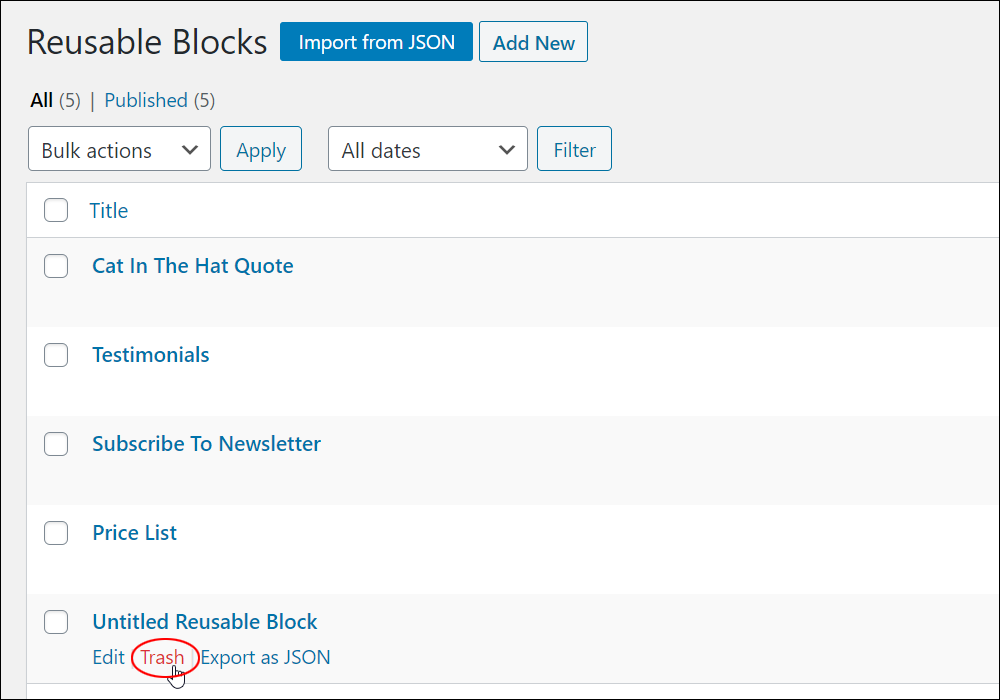 Reusable Blocks Library - Trash