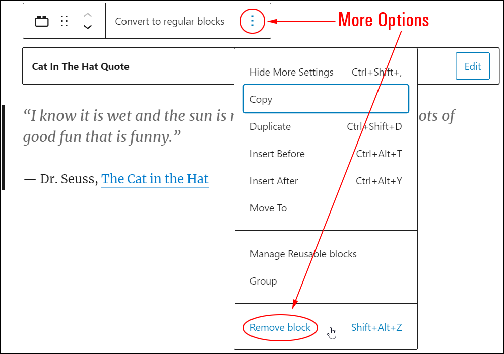 Reusable block: More Options - Remove block.