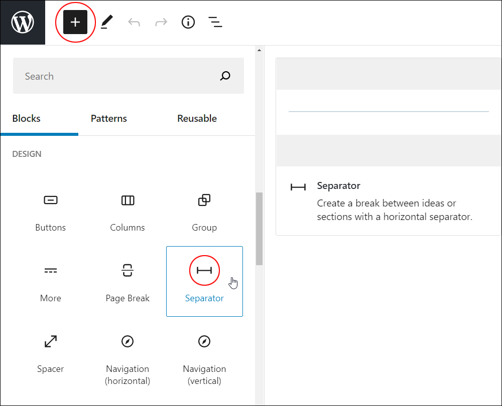 Add Block tool - Separator block.