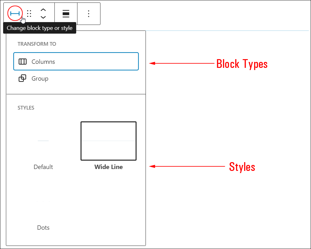 Separator block - Change block type or style.