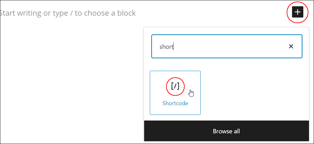 Inserter tool - Add Shortcode block.