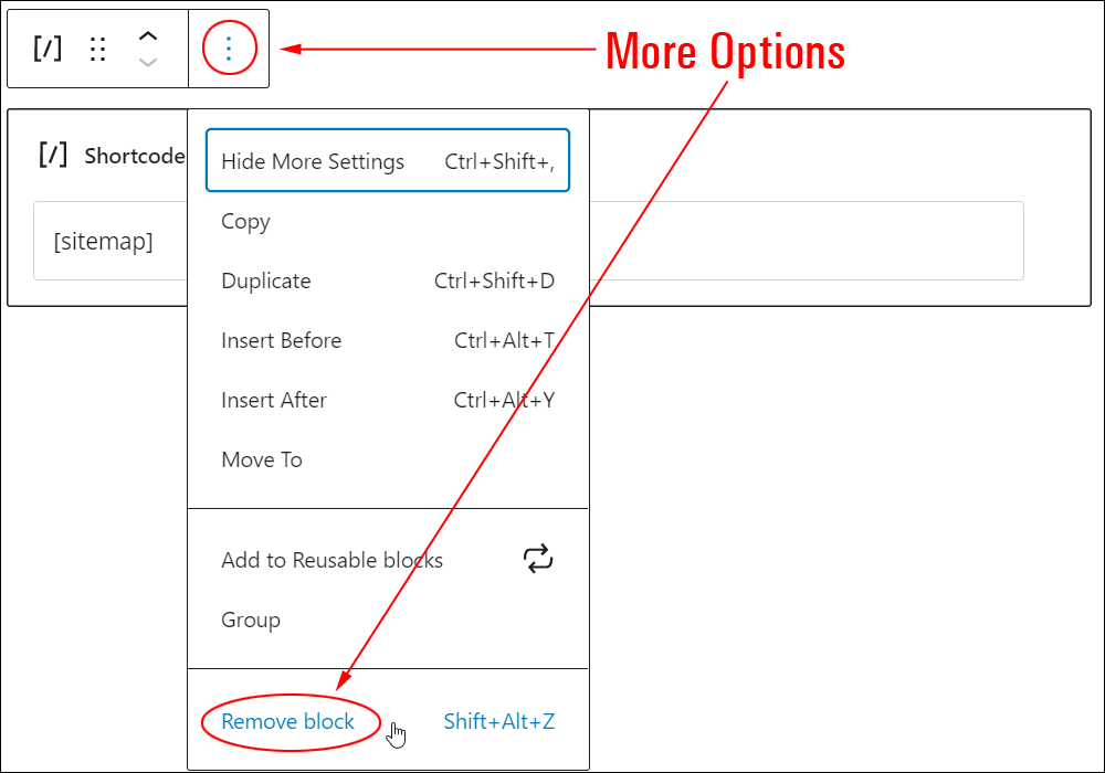 Shortcode block: More Options - Remove block.