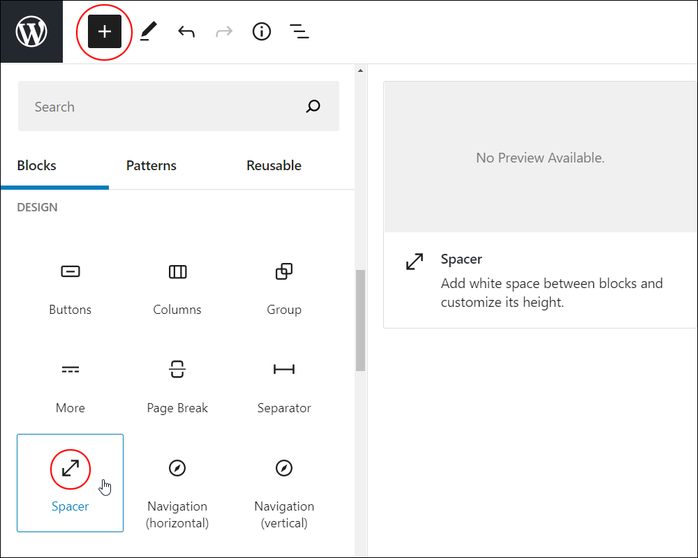 Add Block tool - Spacer block.