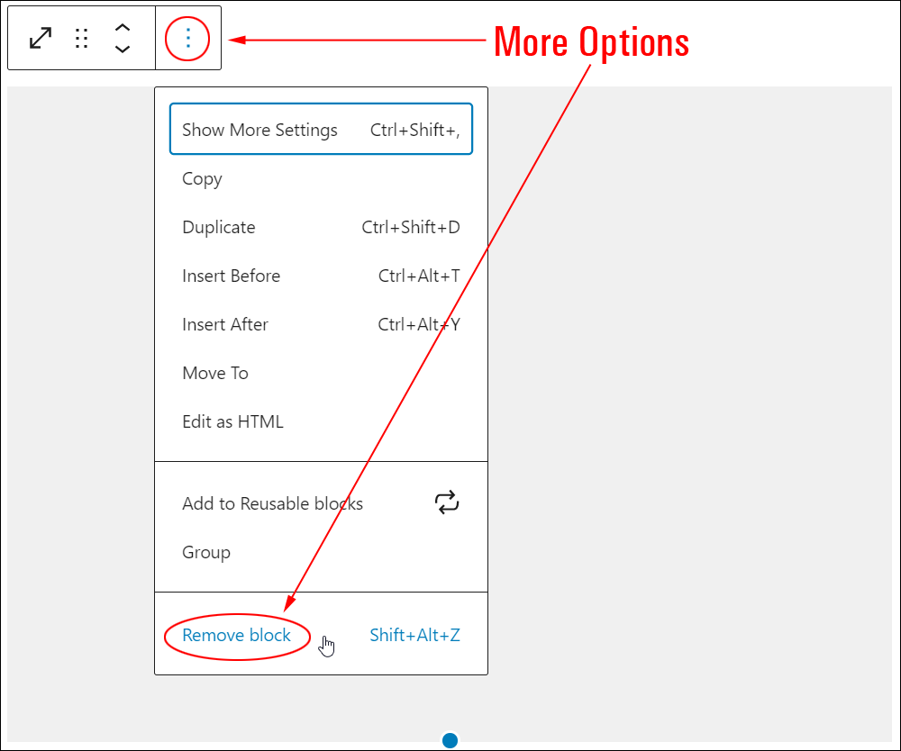 Spacer block: More Options - Remove block.