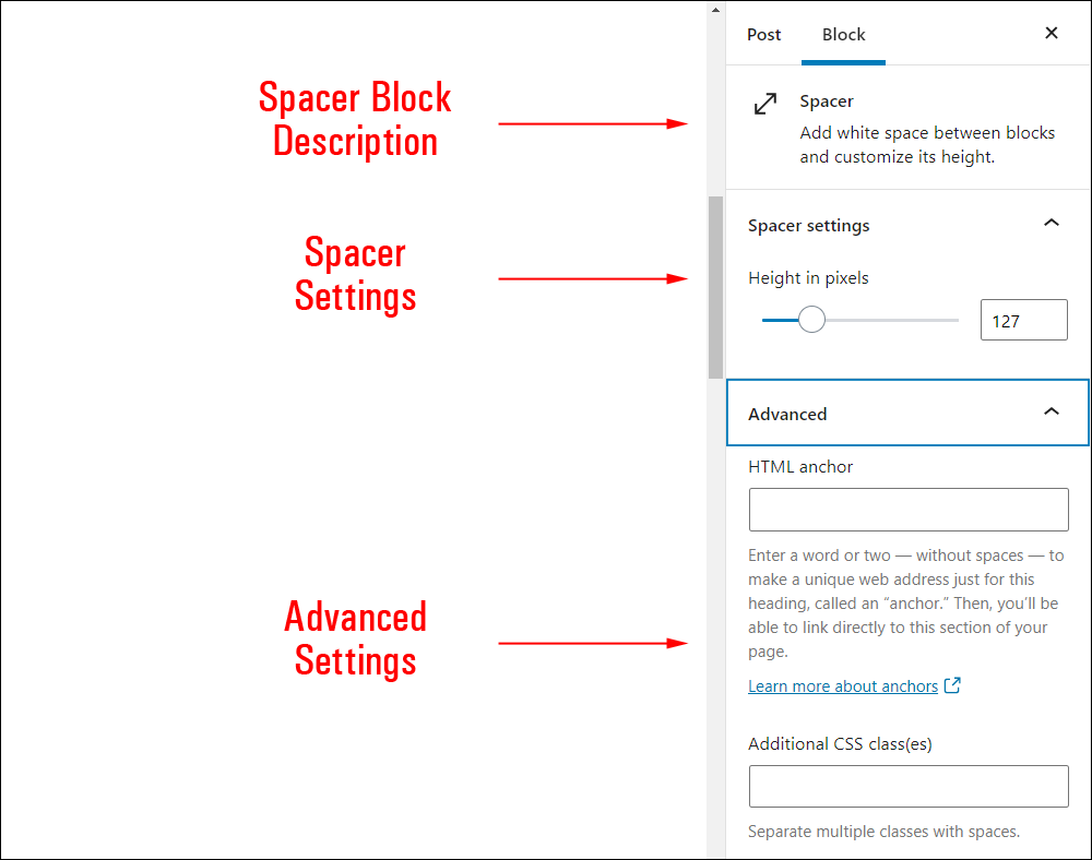 Spacer block settings.