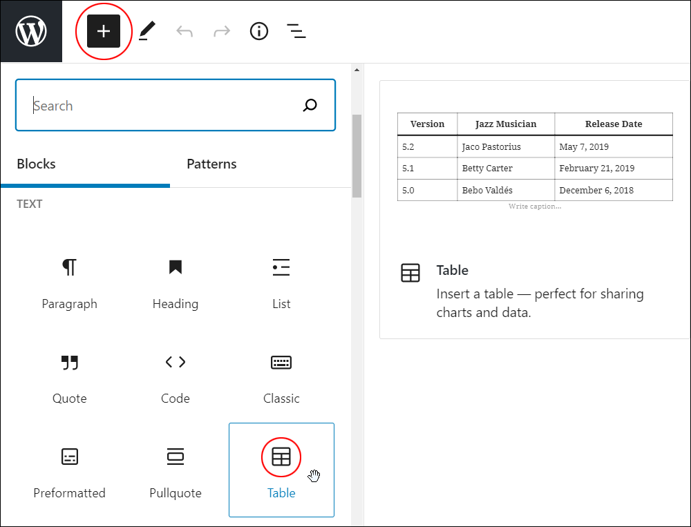 Add block tool - Table block.