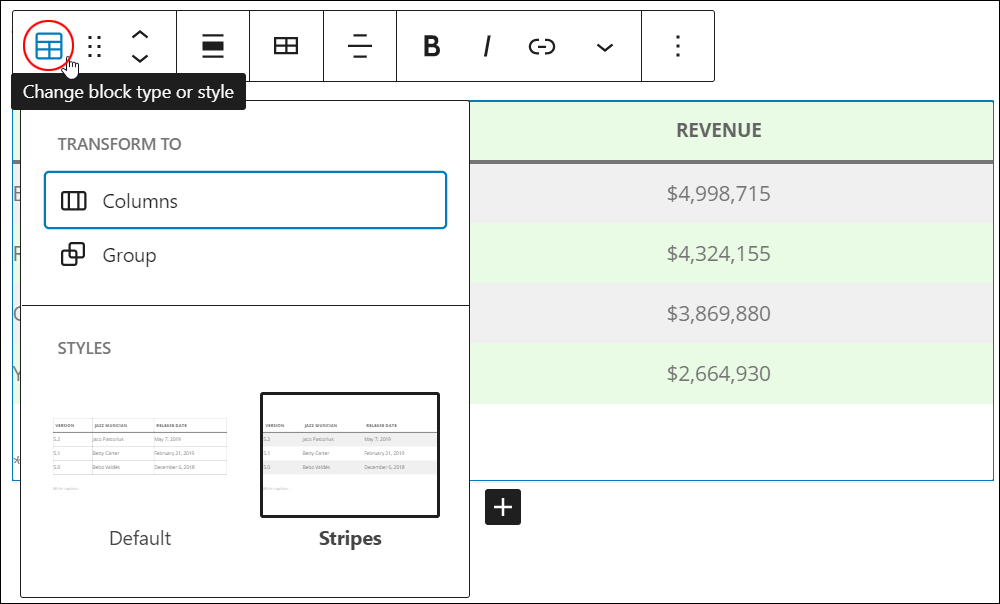 Table block - Change block type or style.