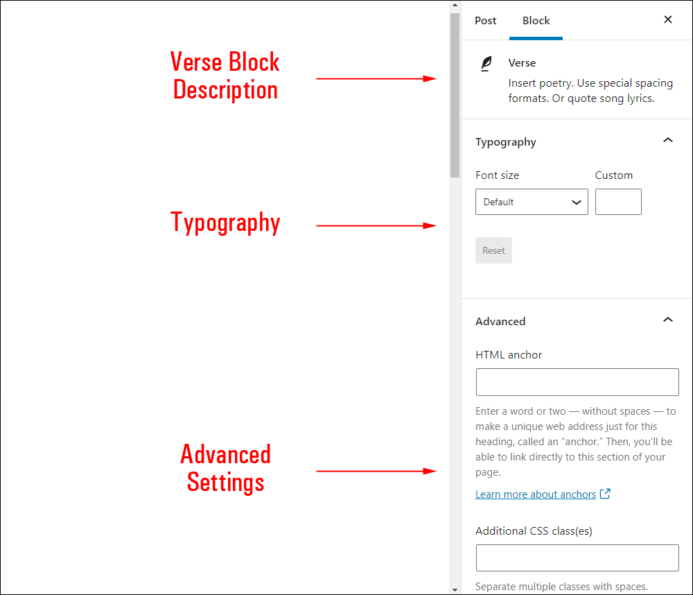 Verse block settings.