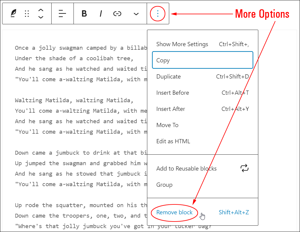 Verse block: More Options - Remove block.