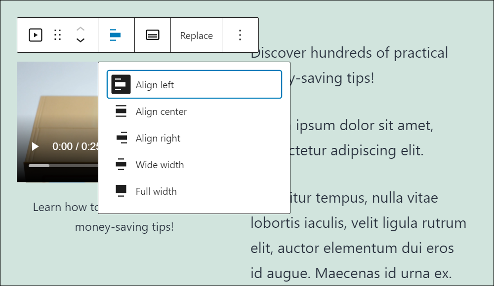 Video block - Change video alignment and width options.