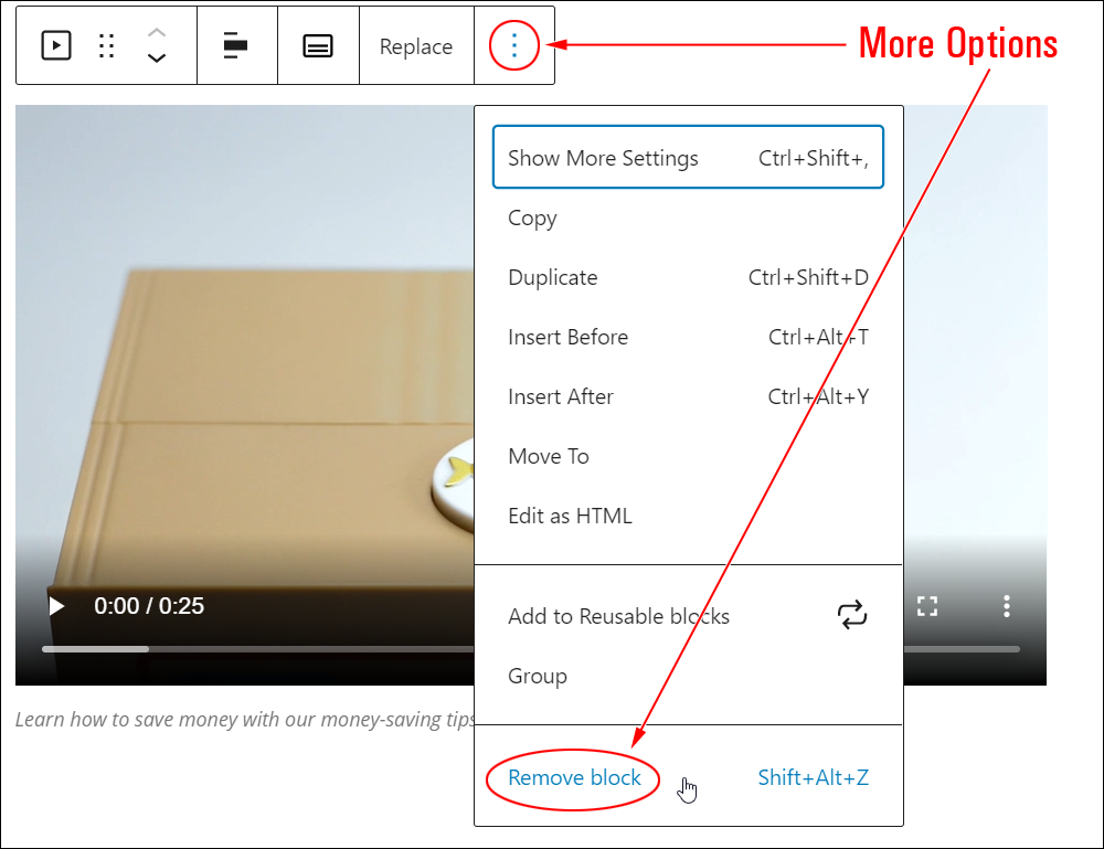 Video block: More Options tool - Remove block.