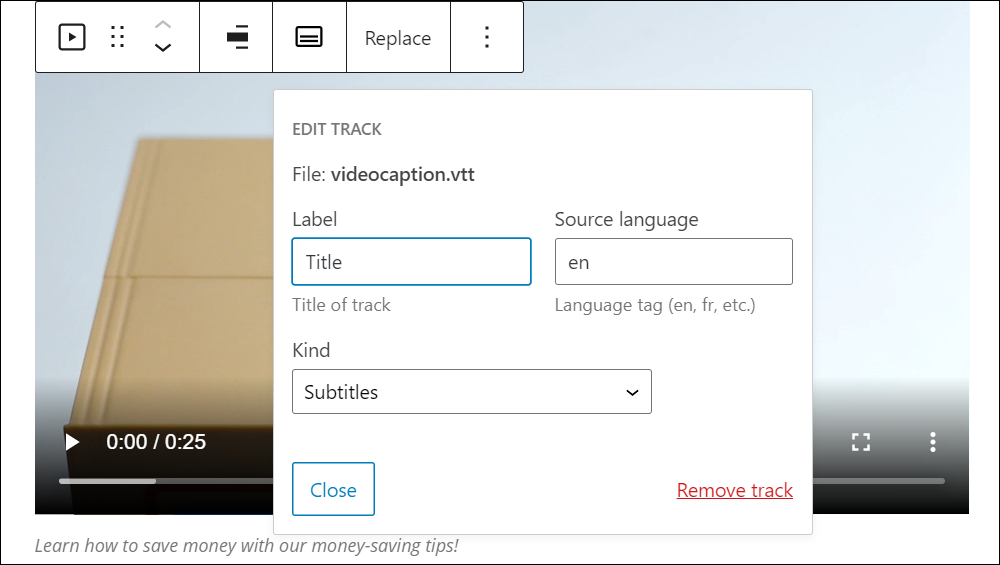 Video Block: Text Tracks - Edit Track.