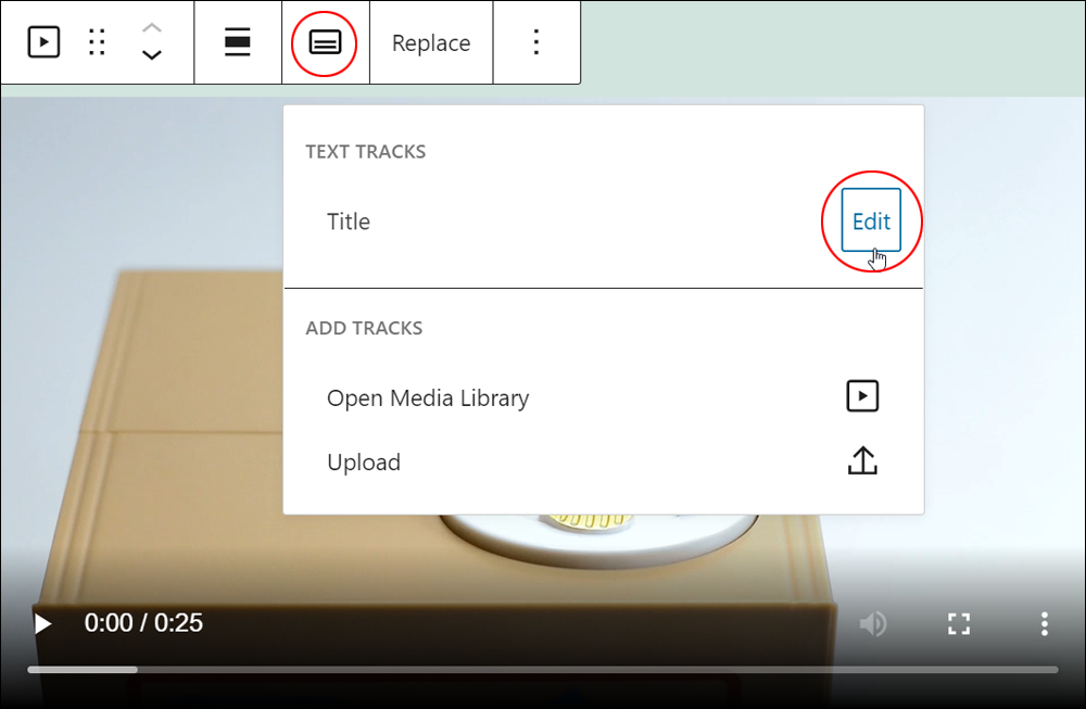 Video block: Text Tracks - Edit track button.