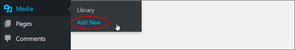WordPress dashboard menu: Media - Add New.