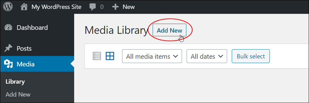 Media Library screen - Add New button.