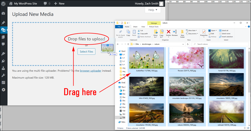 Upload New Media screen. Drag and Drop files into the Drop files to upload area.