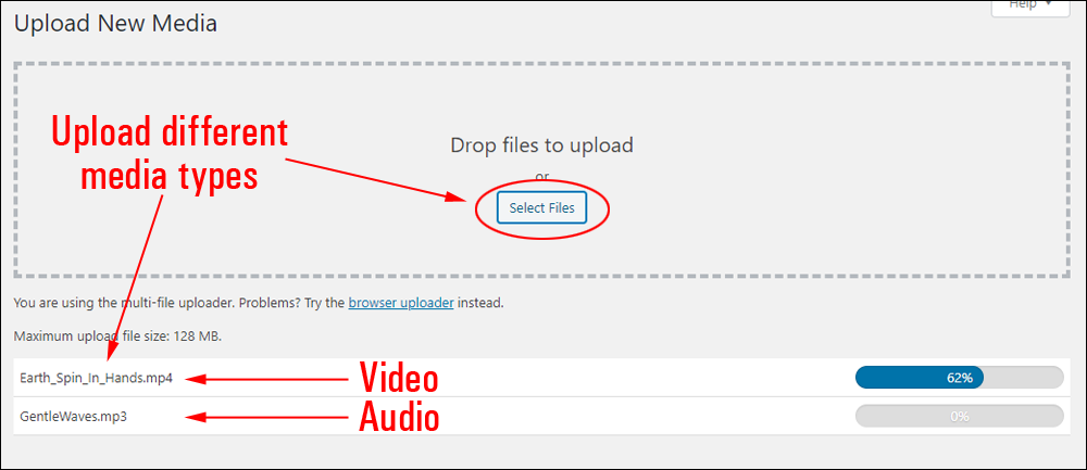 Upload New Media screen - Uploading different media types.