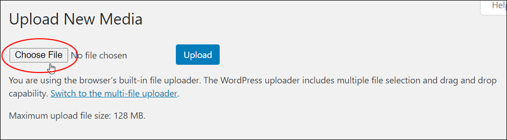 Upload New Media screen - Choose File button.