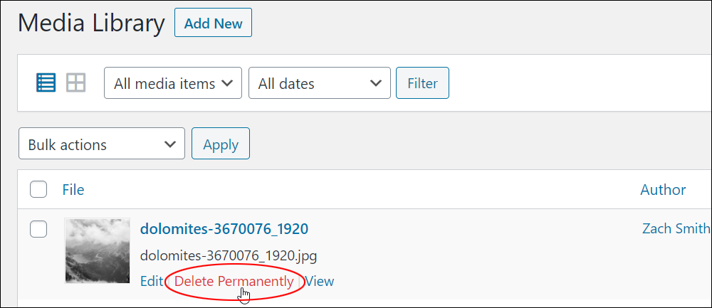 WordPress Media Library - Delete Permanently link.