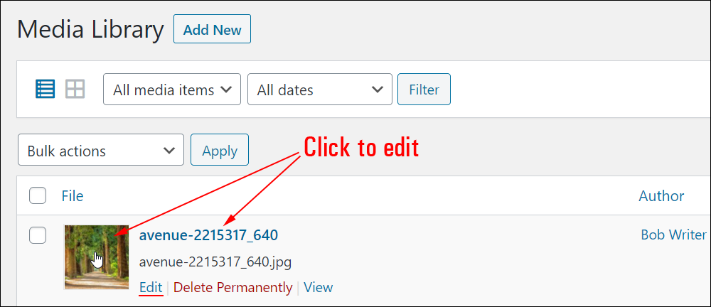 WordPress Media Library - Click thumbnail or title to edit.