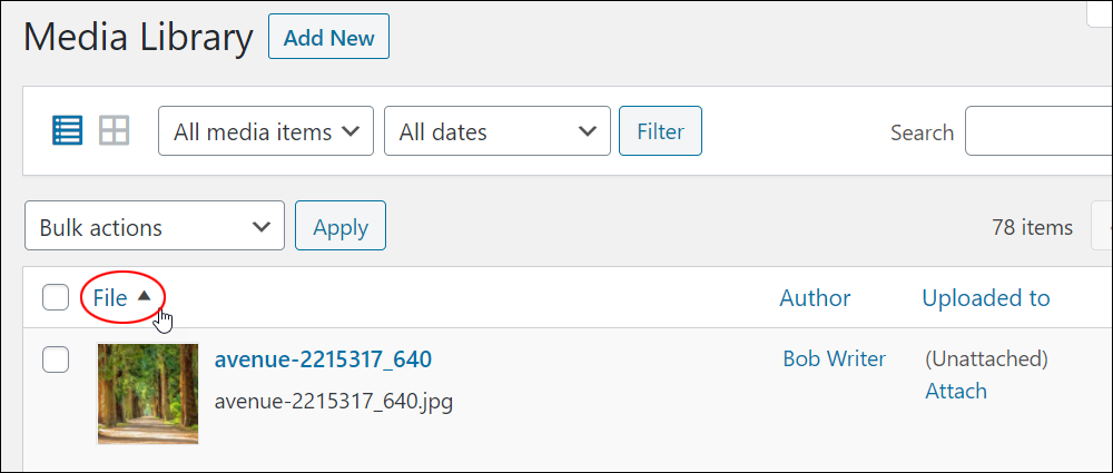 WordPress Media Library Table - Sort items in table columns.