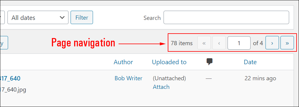 WordPress Media Library screen - Page navigation features.