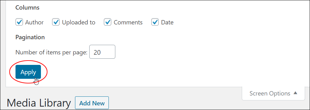 Media Library - Screen Options