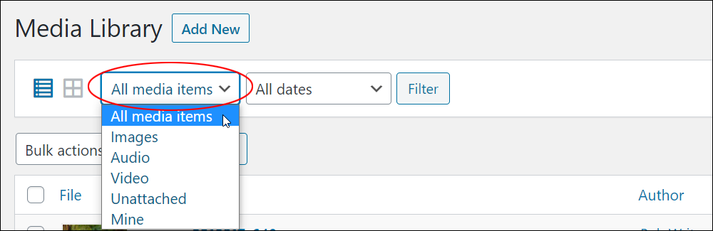 Media Library File Types dropdown menu.