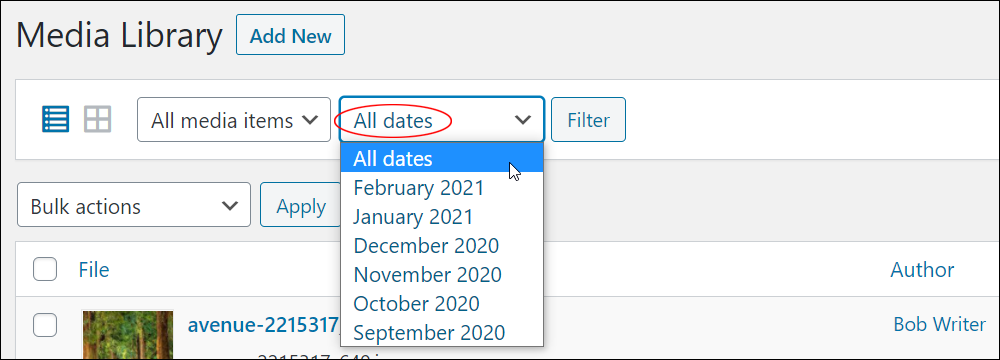 Media Library - Filter by Date dropdown menu.