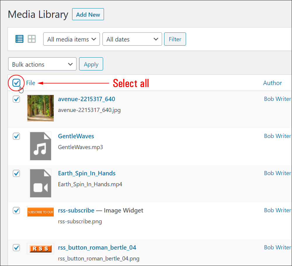 Media Library Table - Select/Deselect al media file items.