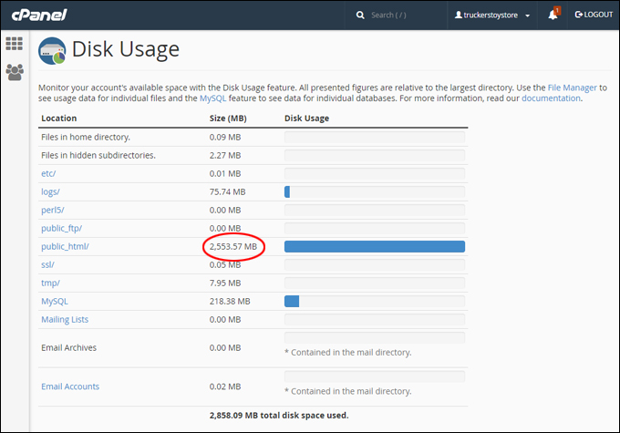 cPanel Disk Usage.