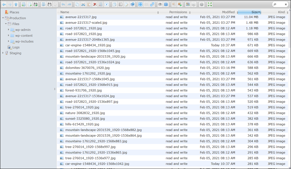 File Manager listing images uploaded to server.