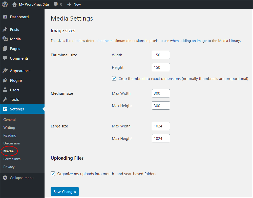 WordPress Media Settings screen.