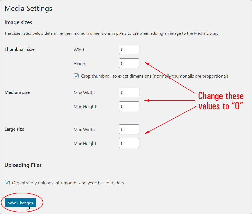 Media Settings screen - Change all image sizes to zero.