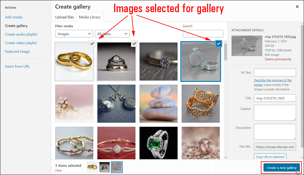 Create gallery screen - Images selected for gallery.