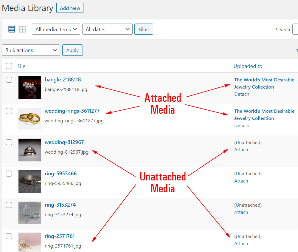 Media Library screen - Attached vs Unattached media